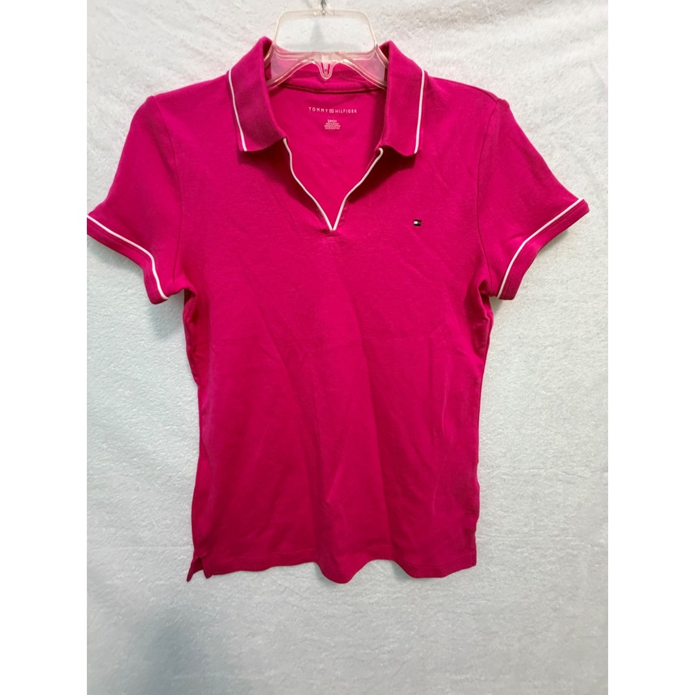 Tommy Hilfiger Womens Pink V-Neck Short Sleeve Polo Shirt Cotton Size S